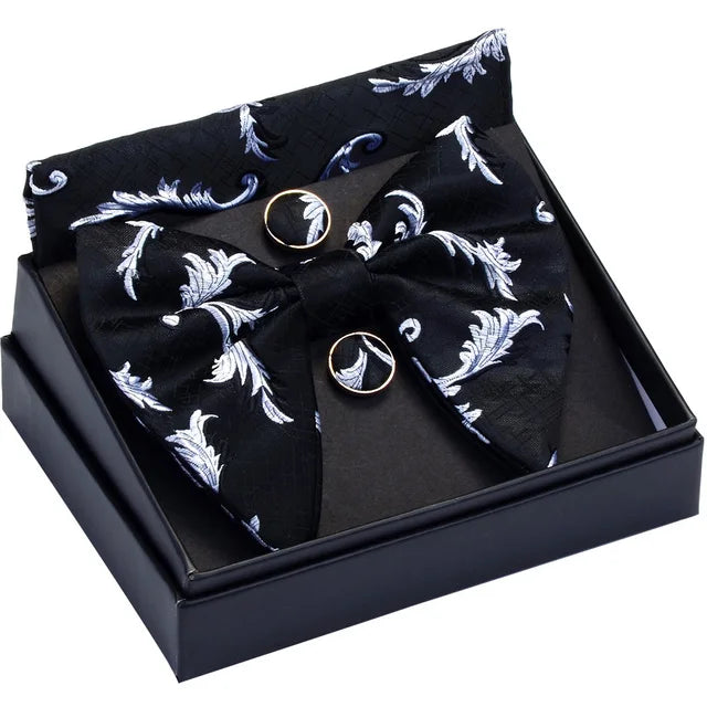 GUSLESON-Ensemble de boutons de manchette carrés à motif décoratif pour hommes, nœud papillon blanc noir, poche, boîte cadeau, cravate de la présidence de mariage