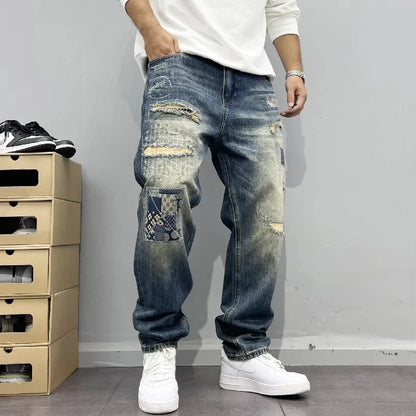Jean Baggy Vintage en détresse Patchwork jean homme droit ample haute rue Hip-hop pantalons longs vêtements pour hommes jean pour homme