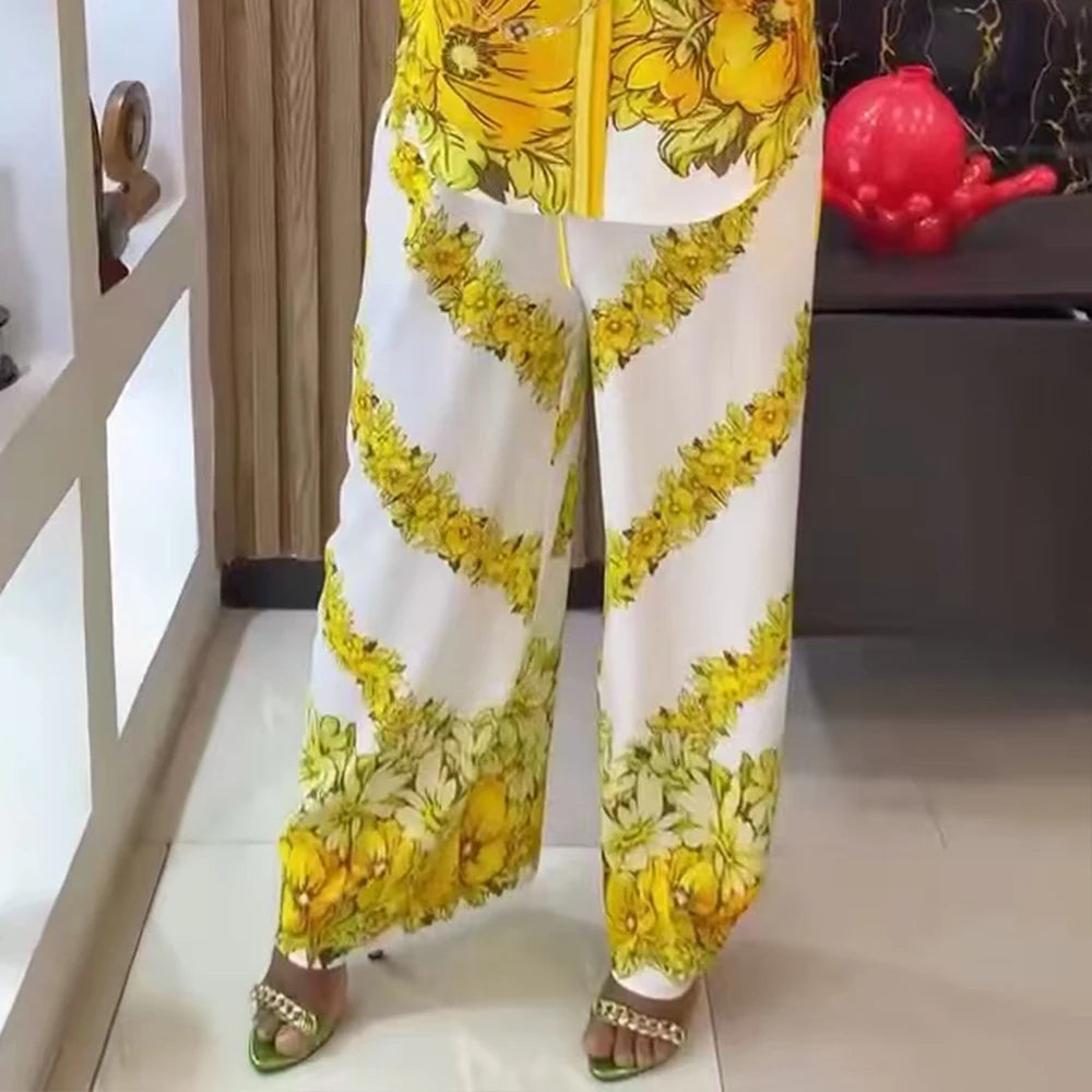 Chemise Vintage décontractée à imprimé Floral pour femmes, col rabattu, pantalon ample, chemisier, ensemble deux pièces, tenues de vacances printemps et été