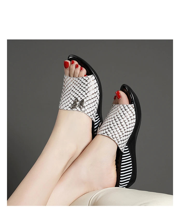 Sandales à Talons Compensés en Cuir group pour Femme, Pantoufles d'Été à la Mode, Chaussures Anti-Alde