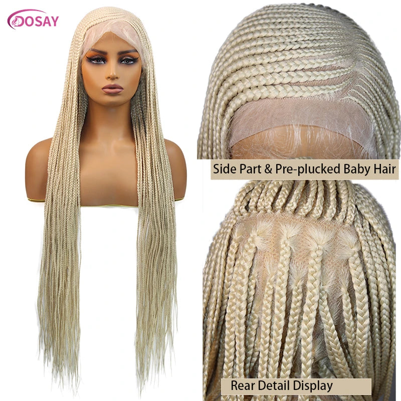 Perruques tressées en boîte Cornrow 36 pouces, perruque synthétique Blonde 613 pour femmes, perruque Lace Front Wig tressée avec raie latérale de haute qualité, perruque Faux Locs