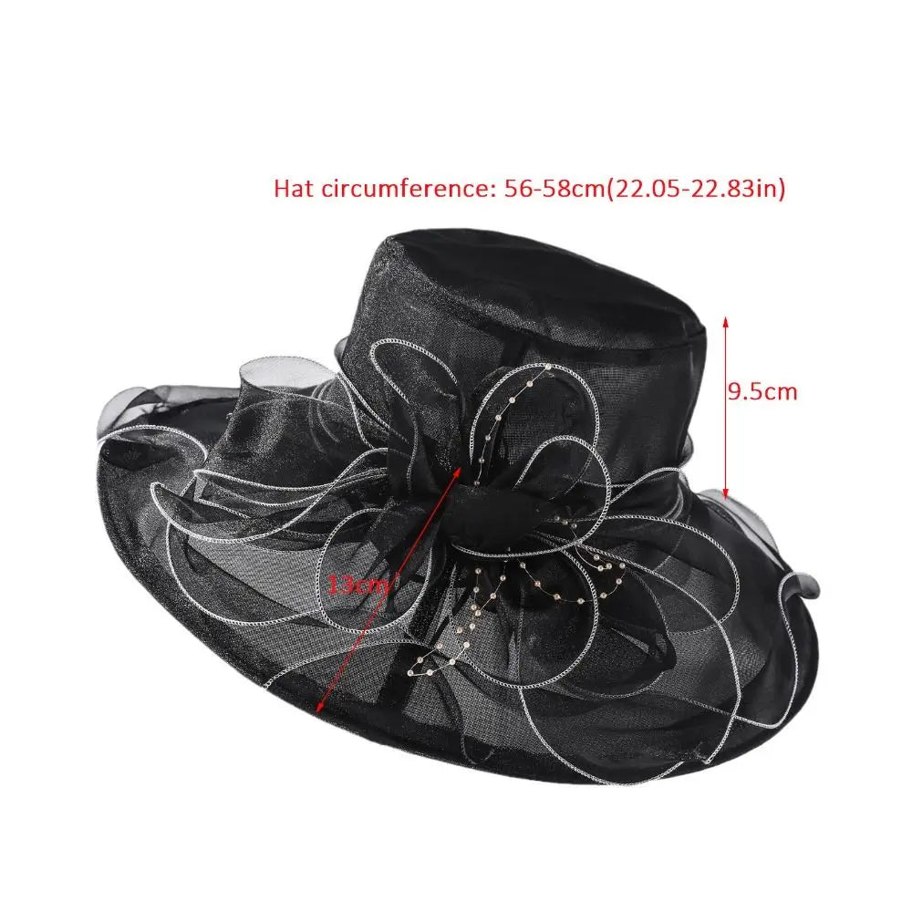 Chapeau Derby à fleurs de couleur unie pour femmes, en Organza à large bord, à volants, chapeau de soleil pliable, Protection UV, pour fête de thé, mariage