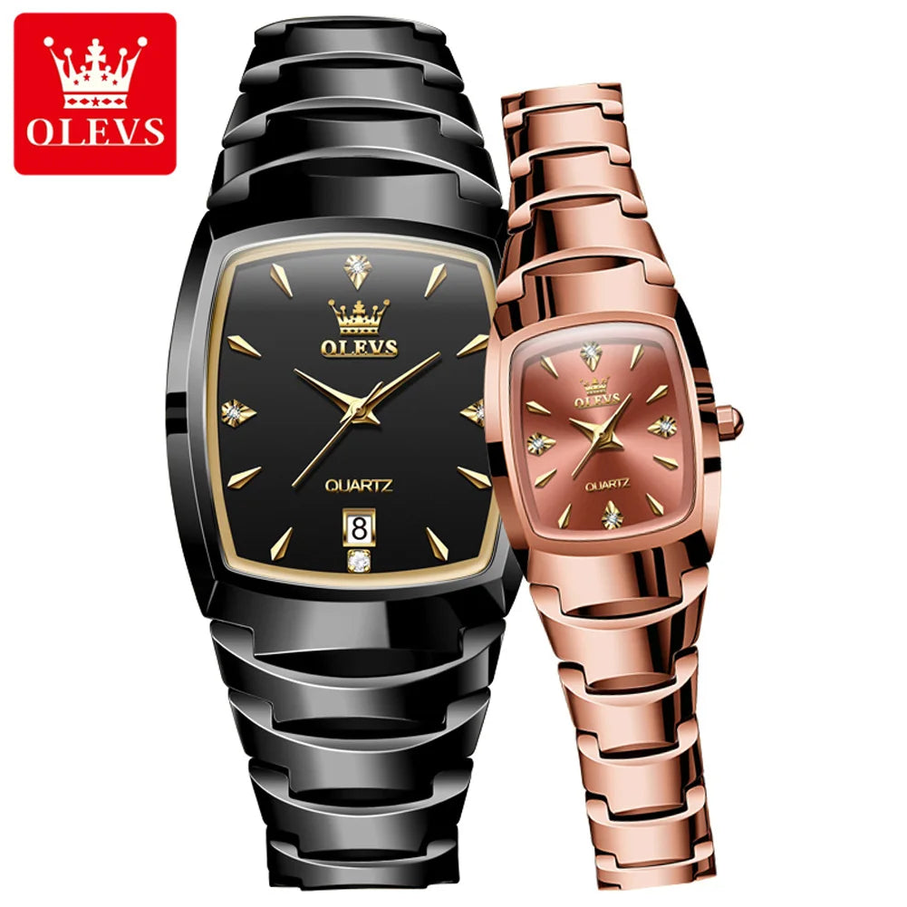 OLEVS-Montre de couple en acier au tungstène Tonneau pour hommes et femmes, marque de luxe, montre à quartz pour amoureux, montre-bracelet étanche, 7006
