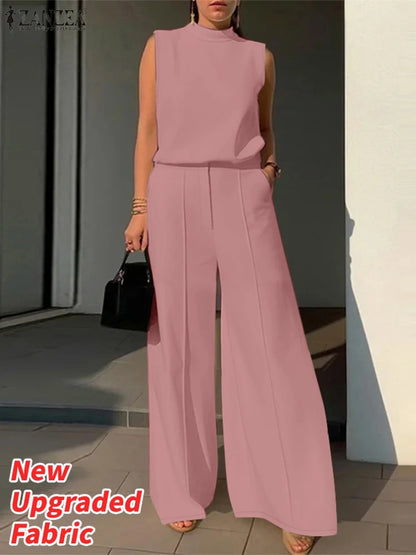 Élégant Chic femmes 2 pièces ensembles ZANZEA femme 2025 mode 2 pièces tenues costumes sans manches Blouses et pantalons à jambes larges ensembles