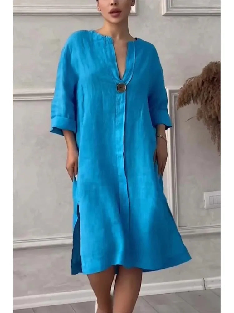Robe longue en lin à manches longues pour femmes, robes élégantes, robe éducative, été décontracté, monochromatique, fête de documents, Y2K, été 2024