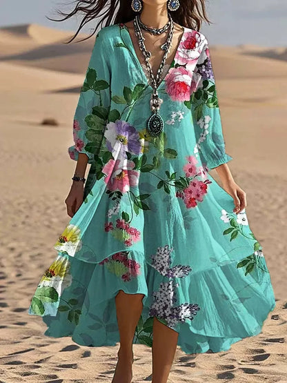 Robe décontractée pour femmes, ample, rétro, imprimé, manches 7-quarts, mode printemps-automne, élégante, bord de mer, vacances, 2025