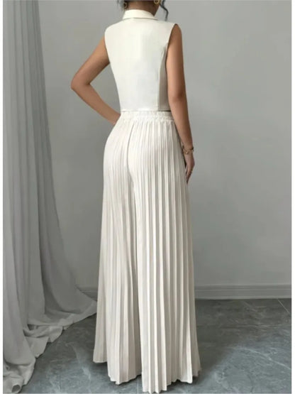 Costume de bureau pour femmes, couleur unie, décontracté, Slim, boutons, ensemble deux pièces, col rabattu, sans manches, Blazer et pantalon plissé, tenues