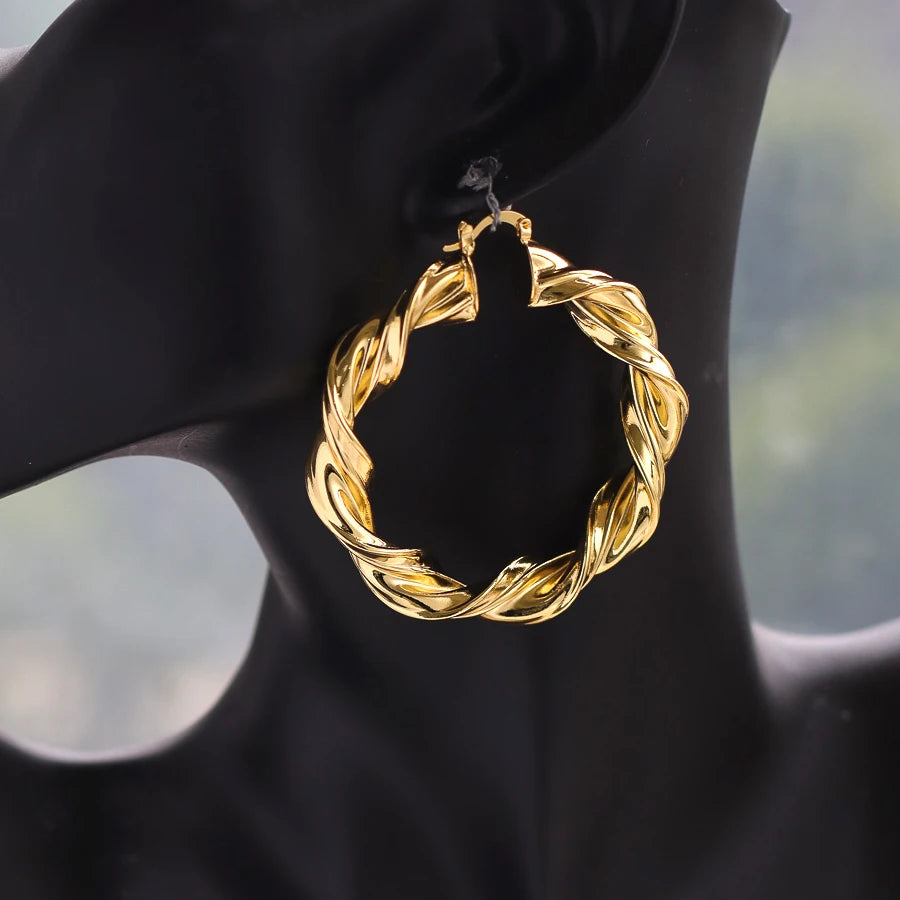 Boucles d'oreilles Twist Hoop pour femmes, grand cercle rond, boucle d'oreille face, déclaration de mode, accessoires de bijoux, document en or, Hip Hop