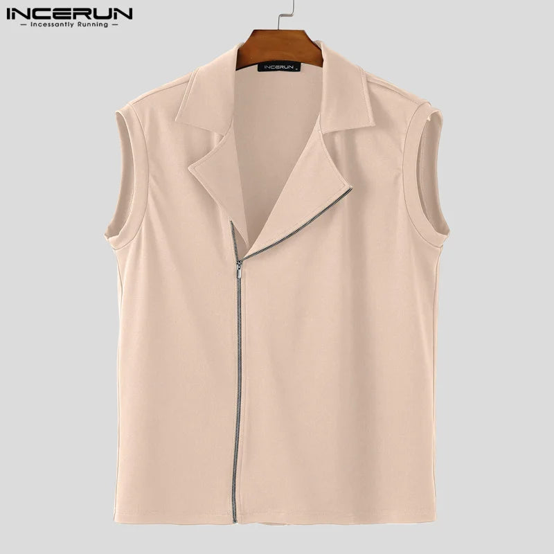 INCERUN hauts sans manche t-shirt été hommes débardeurs couleur unie fermeture éclair revers gilets hommes hauts surdimensionné vêtements pour hommes Streetwear
