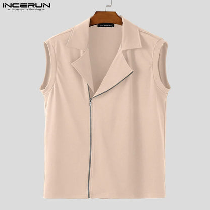 INCERUN hauts sans manche t-shirt été hommes débardeurs couleur unie fermeture éclair revers gilets hommes hauts surdimensionné vêtements pour hommes Streetwear