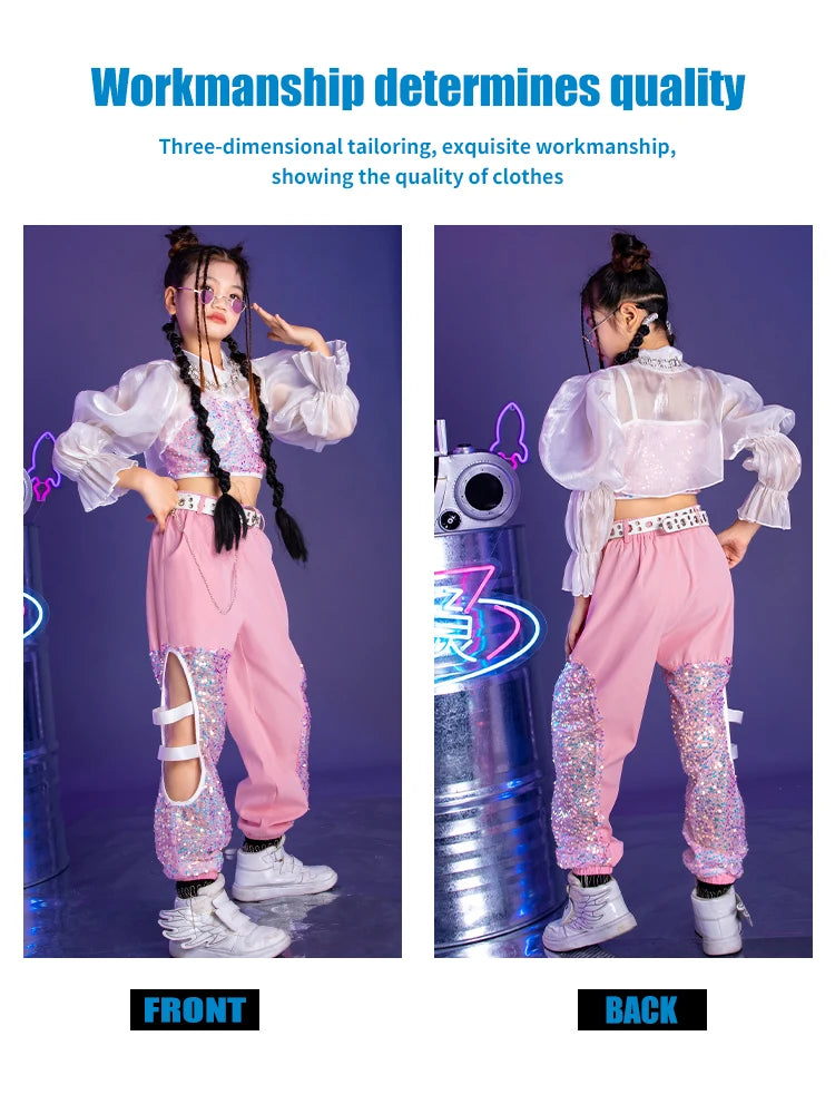 K-PoP-Ensemble de olympiques de danse jazz pour enfants, vêtements à paillettes, défilé de mode pour filles, tenues pour enfants, hip hop, hip hop