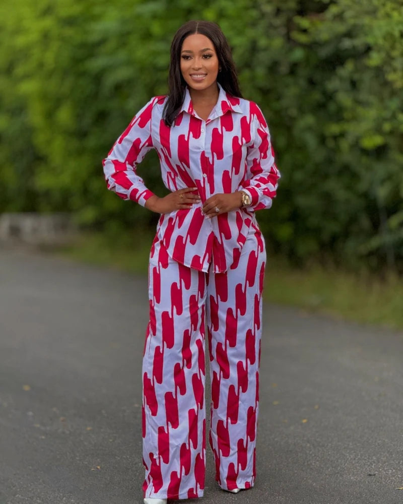 Ensemble deux pièces imprimé à rayures pour femmes, mode africaine, décontracté, boutons, manches longues, chemise, jambes larges, pantalon, printemps automne