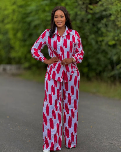 Ensemble deux pièces imprimé à rayures pour femmes, mode africaine, décontracté, boutons, manches longues, chemise, jambes larges, pantalon, printemps automne