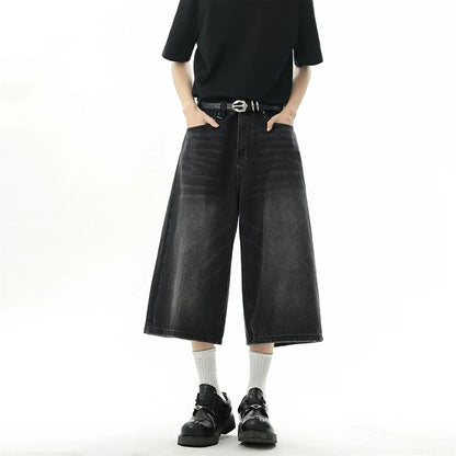 Short en Denim Baggy pour hommes, mode rétro décontractée, ample, jambes larges, longueur mollet, Streetwear Y2K, Style coréen