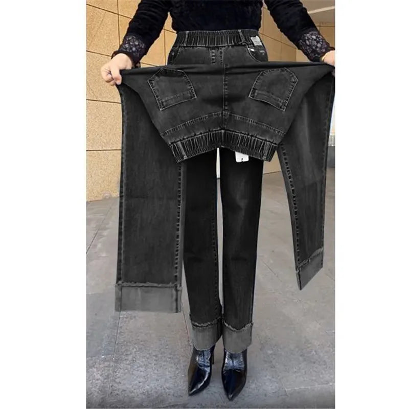 Jean femme d'âge moyen printemps automne taille extensible pantalon en Denim droit grande taille ample taille haute décontractée noir bleu pantalon