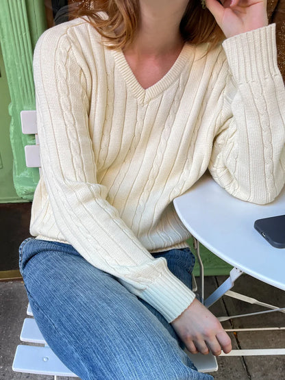 Pull Vintage à fleurs torsadées pour femme, col en V, manches longues, Style Preppy, décontracté, Streetwear, haut Chic, automne