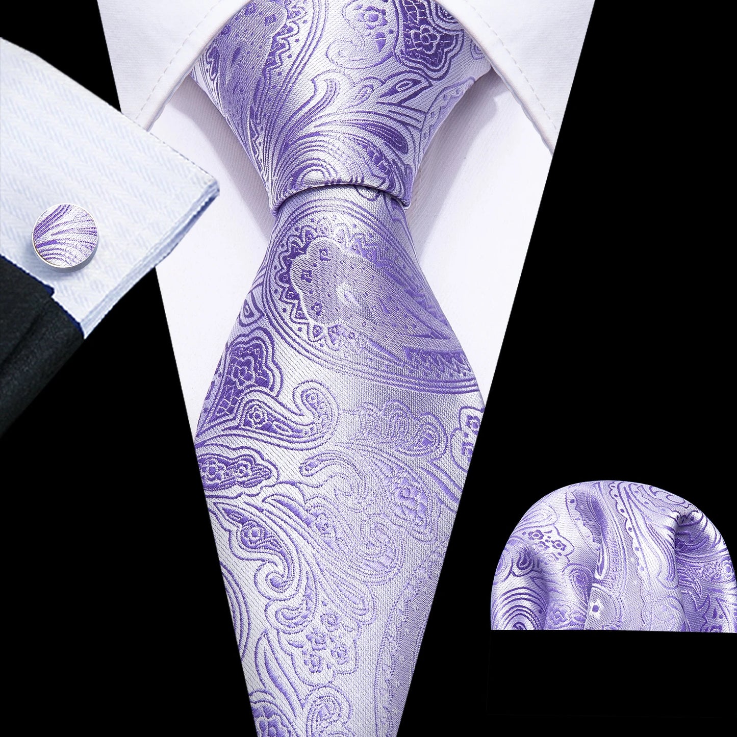 Barry.Wang violet lilas lavande soie hommes cravate mouchoir bouton de manchette ensemble Jacquard cravate florale pour homme mariage fête d'affaires
