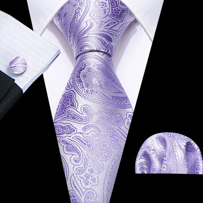 Barry.Wang violet lilas lavande soie hommes cravate mouchoir bouton de manchette ensemble Jacquard cravate florale pour homme mariage fête d'affaires