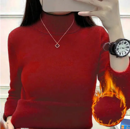 Pull Slim à Demi-Col Roulé pour Femme, Tricot Doublé de Velours, Chaud, Épais, en Jersey Doux, Collection Hiver