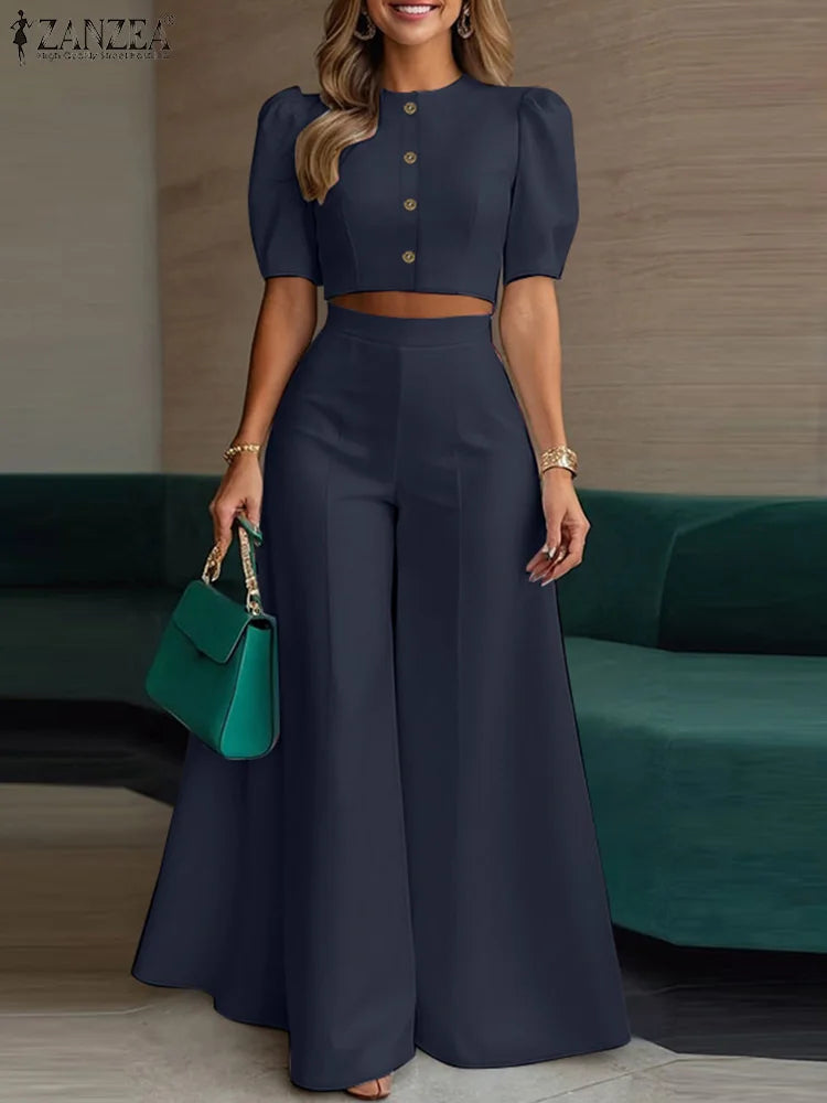 BS -  rue mode femme 2 pièces ensembles élégant manches courtes bouffantes haut court pantalon à jambes larges 2 pièces tenue élégant bureau pantalon ensembles