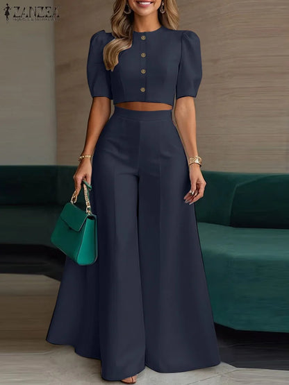 BS -  rue mode femme 2 pièces ensembles élégant manches courtes bouffantes haut court pantalon à jambes larges 2 pièces tenue élégant bureau pantalon ensembles