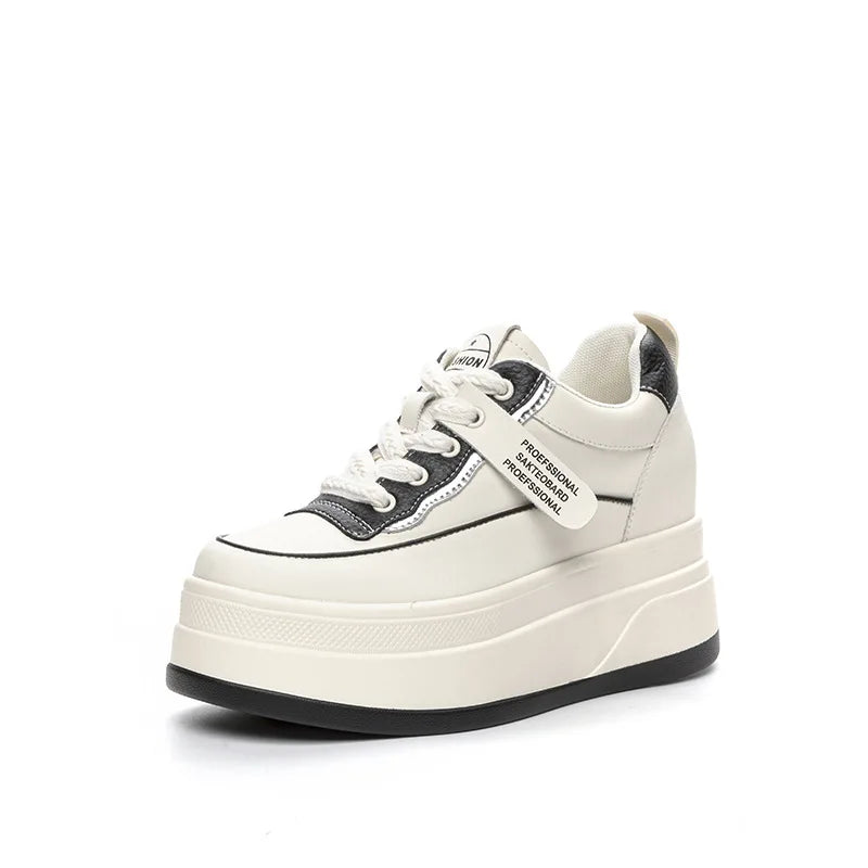 Fujin-Chaussures à l'offre elles compensées en cuir véritable pour femme, grosses chaussures blanches de 9cm, à la mode, automne et été