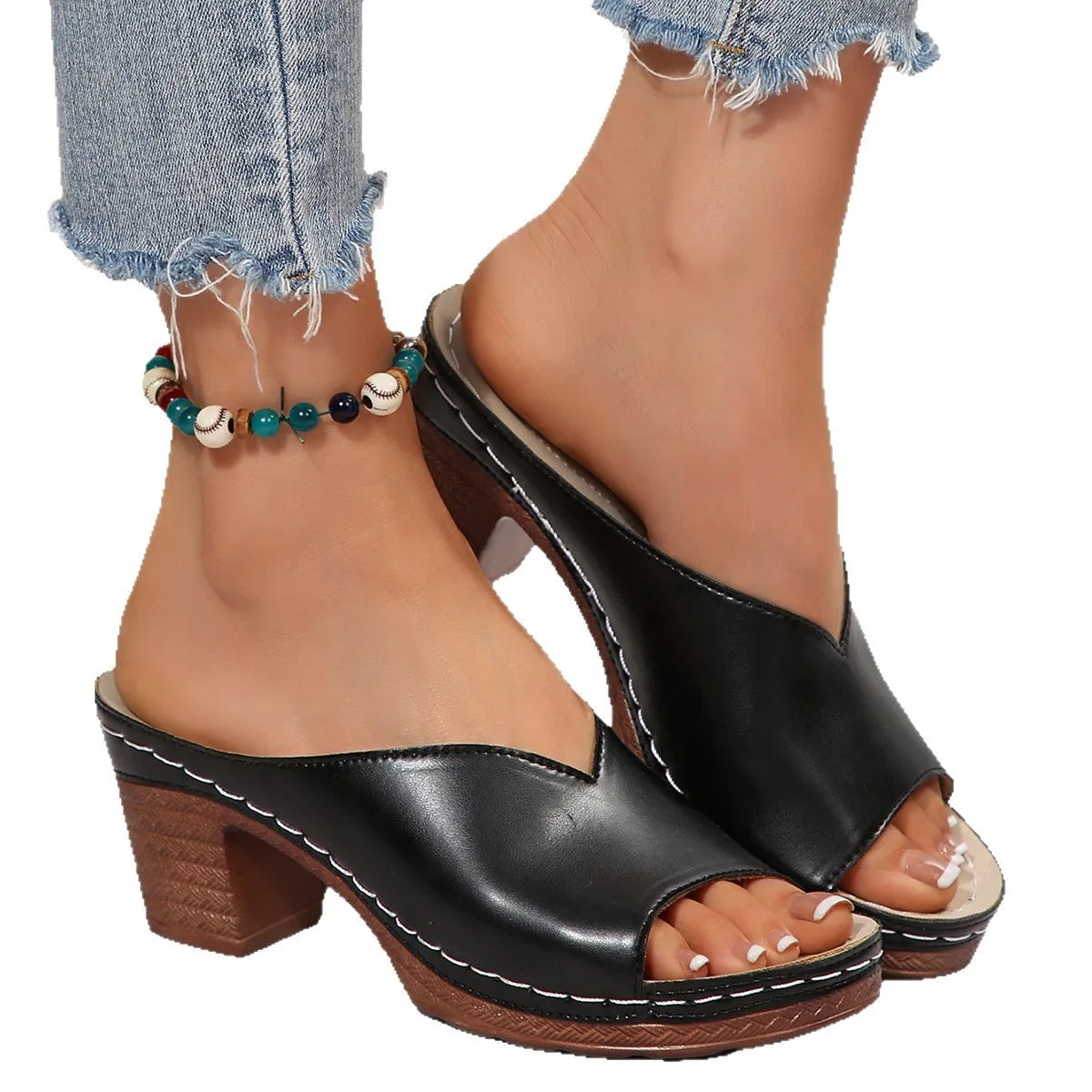 Pantoufles à talons hauts et bout ouvert pour femmes, nouvelle mode d'été, vêtements d'extérieur, chaussures à enfiler, tailles 36 à 43, amorti supérieur en polyuréthane