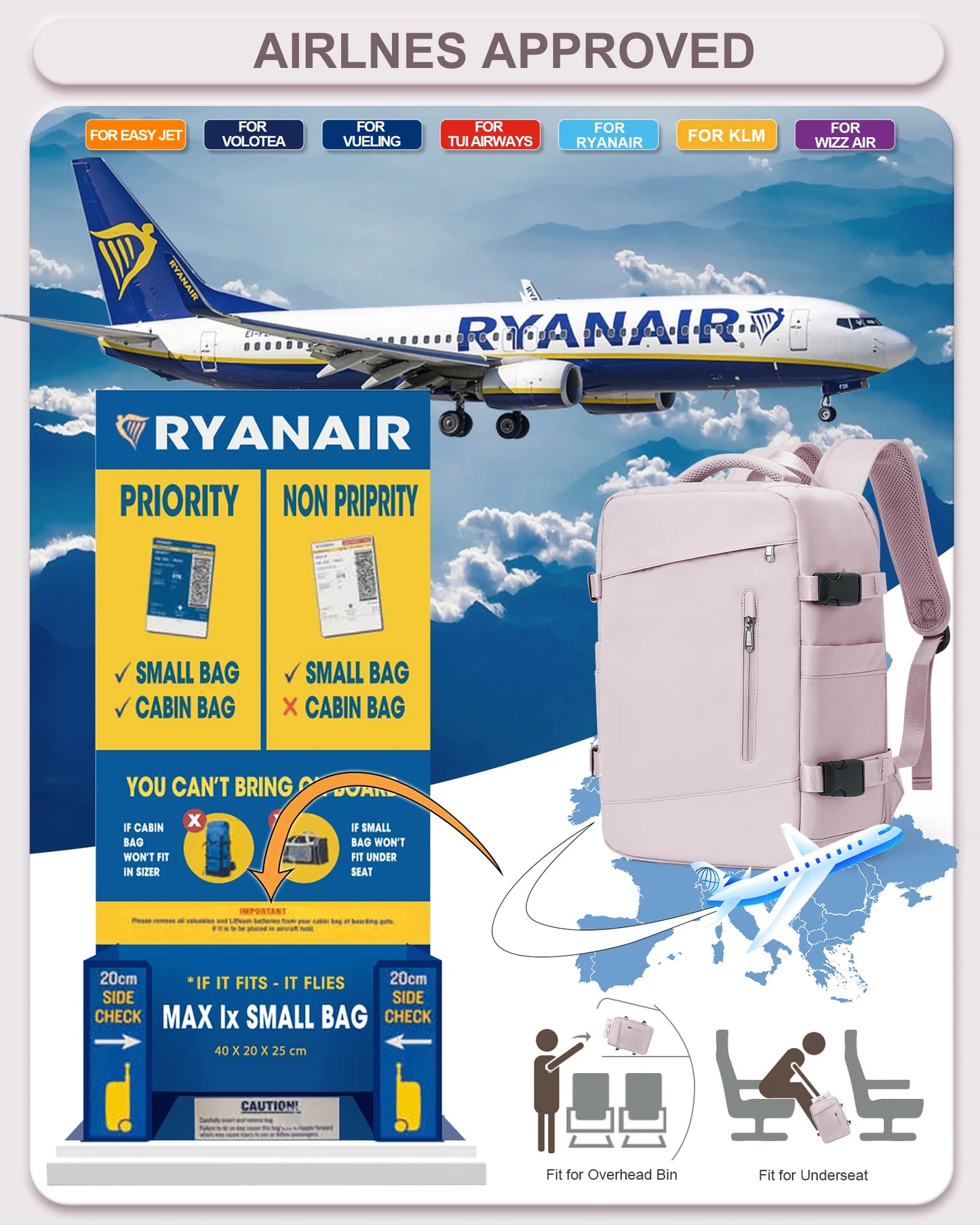 Sac à dos femme valise de voyage sac de cabine avion Ryanair 40x20x25 sac de voyage avion hommes Laotop sac à dos Wizzair continuer