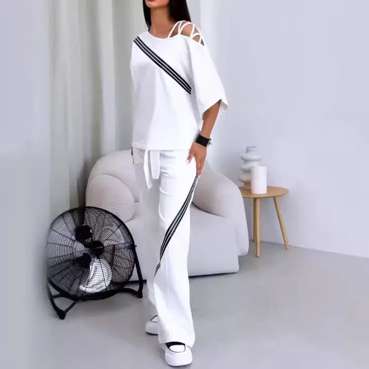 Costume de sport deux pièces blanc pour femmes, nouvelle mode, Sexy, épaules dénudées, chemise de sport ample + pantalon décontracté, vêtements de sport en coton pour femmes