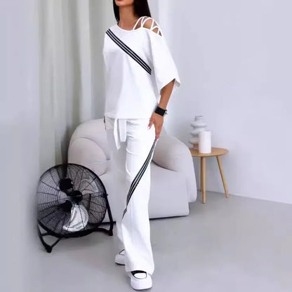 Costume de sport deux pièces blanc pour femmes, nouvelle mode, Sexy, épaules dénudées, chemise de sport ample + pantalon décontracté, vêtements de sport en coton pour femmes