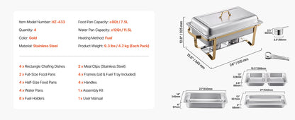 SucceBuy Lot de 4 buffet à réchaud de 8 Qt, chafer en acier inoxydable avec 2 poêles pleine taille et 4 demi-taille, serveur chauffant pour restauration