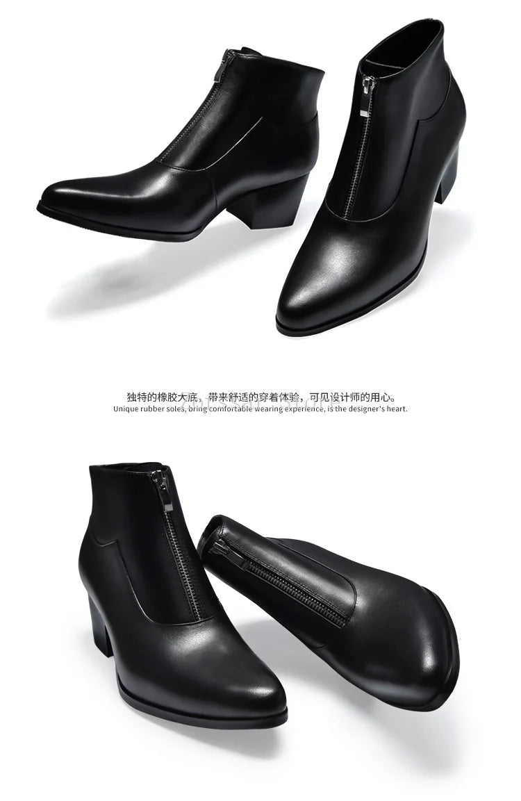 Bottines de luxe en cuir véritable pour hommes, talons hauts de 6 Cm, chaudes, noires et blanches, bottes sociales pour fête de mariage, chaussures habillées, hiver 2024
