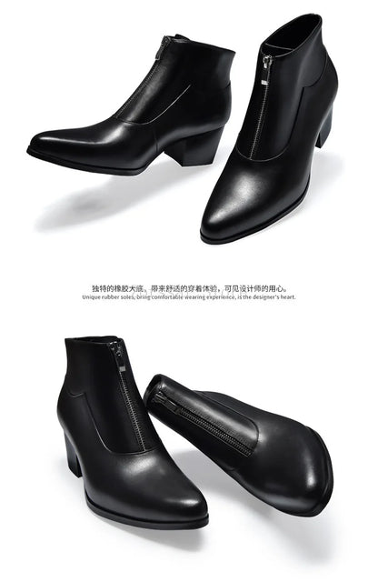 Bottines de luxe en cuir véritable pour hommes, talons hauts de 6 Cm, chaudes, noires et blanches, bottes sociales pour fête de mariage, chaussures habillées, hiver 2024