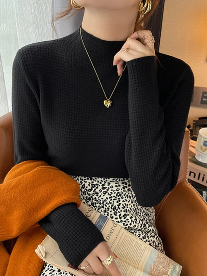 Pull Vintage à Col Roulé pour Femme, Vêtement à Motif Gaufré, Solide, Décontracté, Slim, Automne Hiver