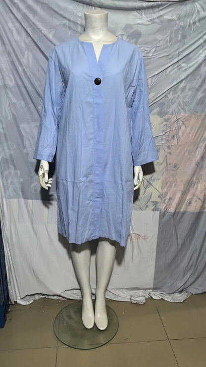 Robe pull décontractée à manches longues pour femmes, robe maxi boutonnée, col en V, fente latérale double, coton et lin, document solide, nouveau, 2024