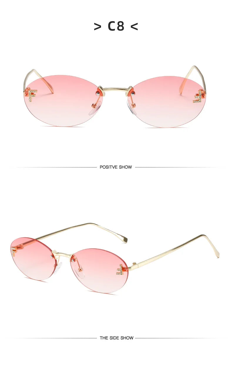 Lunettes de soleil noires sans bords avec petite lettre ovale en diamant «F» pour femmes, marque de luxe, monture métallique, lunettes de soleil Unsiex, nuances élégantes UV400