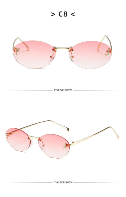 Lunettes de soleil noires sans bords avec petite lettre ovale en diamant «F» pour femmes, marque de luxe, monture métallique, lunettes de soleil Unsiex, nuances élégantes UV400