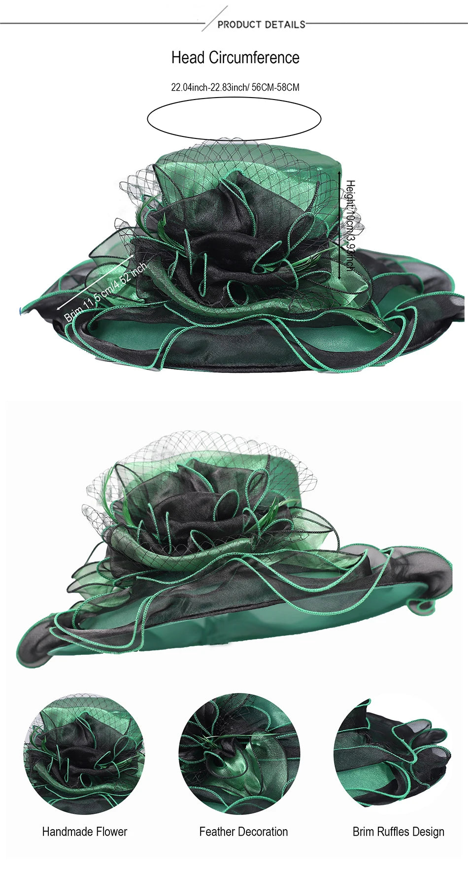 FS été bleu vert église Chapeau pour femmes élégant à large bord Organza Fascinator chapeaux mariage mariée Casquette avec fleur Chapeau Femme