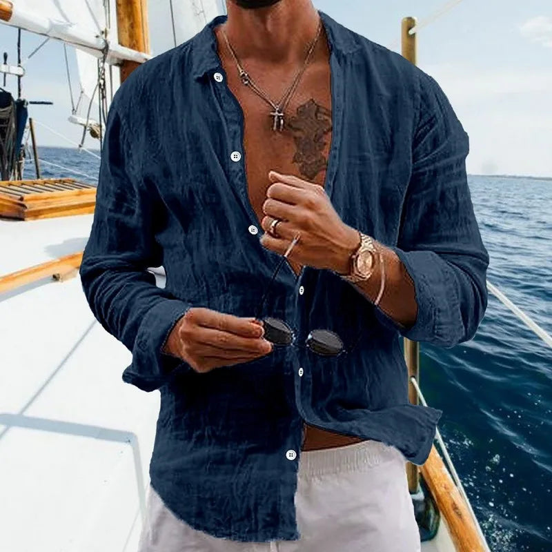 Chemise en coton pour hommes, confortable et décontractée, Cardigan à revers rayé, simple boutonnage, manches longues, nouvelle collection printemps été