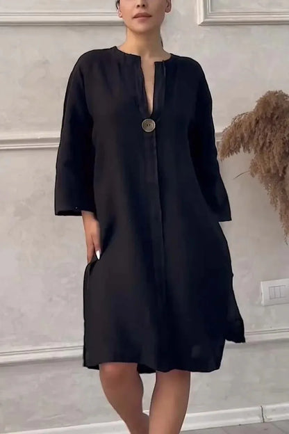 Robe boutonnée à manches longues et col rond pour femmes, chemises simples décontractées, coton et lin, monochromatique, élégante, document At, été