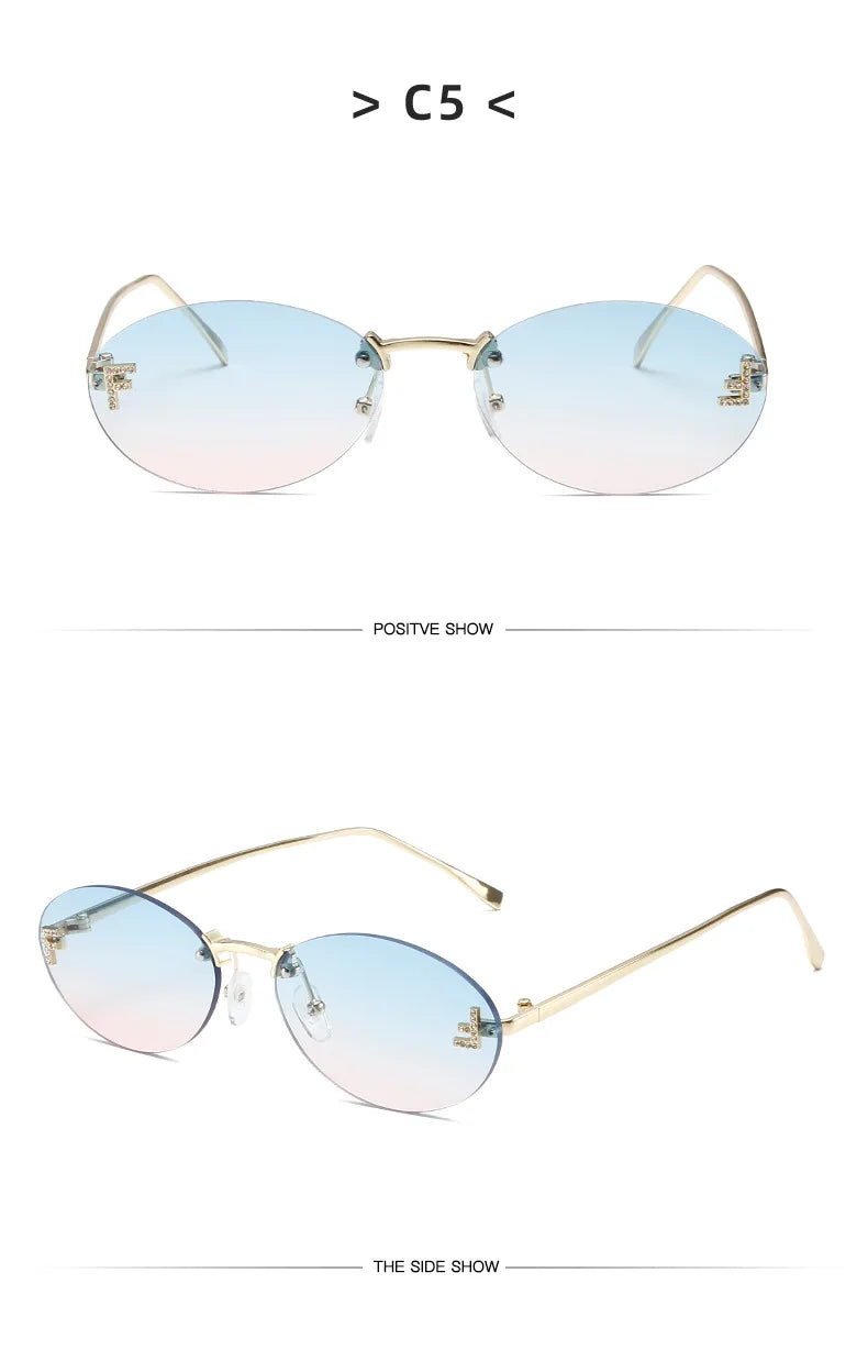Lunettes de soleil noires sans bords avec petite lettre ovale en diamant «F» pour femmes, marque de luxe, monture métallique, lunettes de soleil Unsiex, nuances élégantes UV400