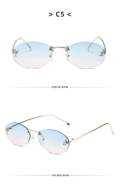 Lunettes de soleil noires sans bords avec petite lettre ovale en diamant «F» pour femmes, marque de luxe, monture métallique, lunettes de soleil Unsiex, nuances élégantes UV400