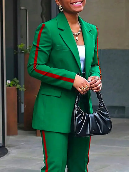 Freeacy 2025 nouveau Blazer décontracté pour femmes manteau Blazer vert à rayures latérales et pantalon taille haute vêtements de banlieue féminins