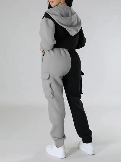 veste sport deux pièces ample pour femmes, ensemble assorti, survêtement à capuche, fermeture éclair bloquée, vêtements d'extérieur courts, pantalon Cargo avec cordon de serrage, automne hiver