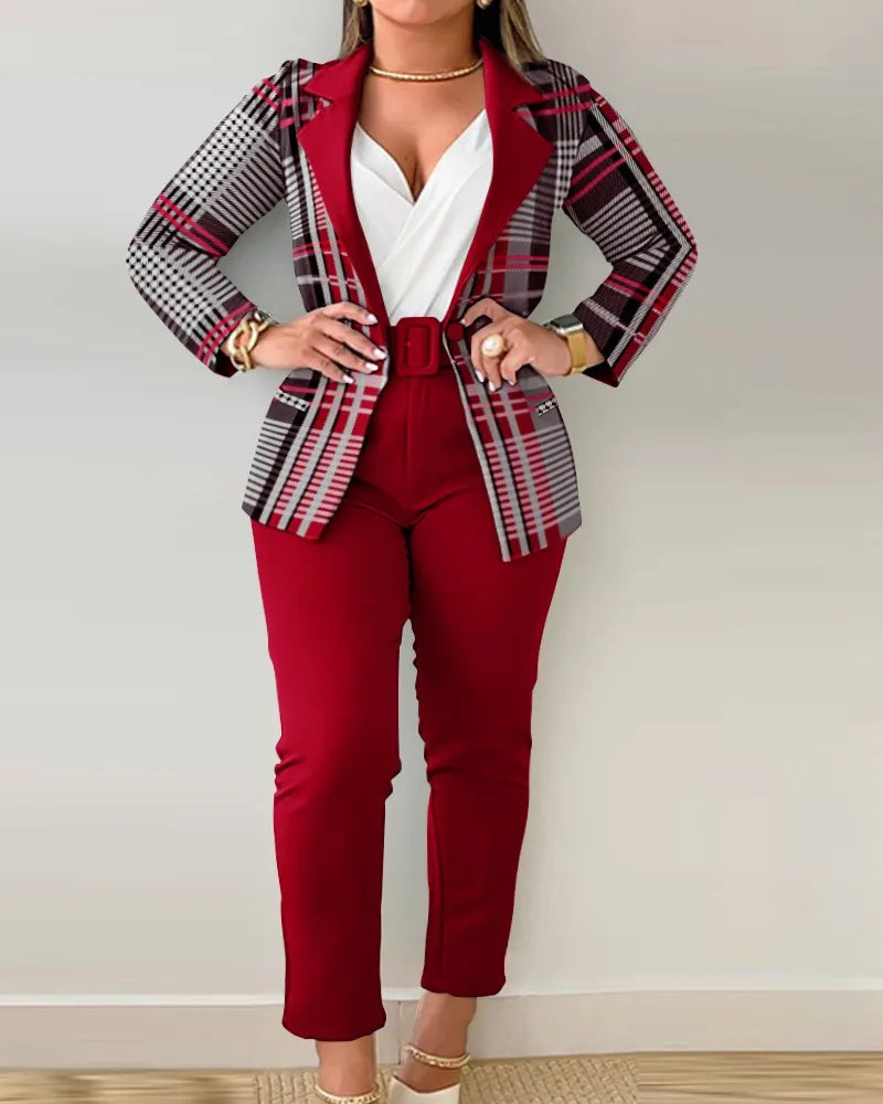 Ensemble de travail deux pièces avec ceinture pour femme, blazer à col à revers, manteau cardigan, pantalon, lettre imprimée, mode, bureau imbibé, automne, hiver