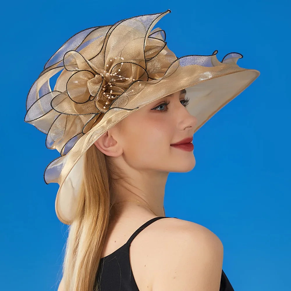 Chapeau Derby à fleurs de couleur unie pour femmes, en Organza à large bord, à volants, chapeau de soleil pliable, Protection UV, pour fête de thé, mariage