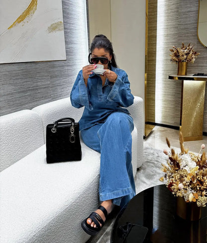 Ensemble pantalon en Denim pour femmes, ensemble deux pièces assorti, Streetwear décontracté, chemise ample, jambes larges, pantalons longs, taille haute, jean maman Y2k