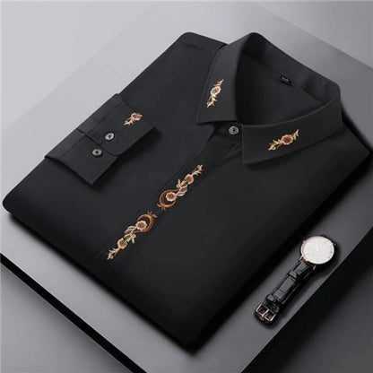 Chemise à manches longues brodée intelligente et décontractée, hauts printemps-automne, col Polo, ample, grande taille, chemisier Vintage, mode tendance, vêtements pour hommes