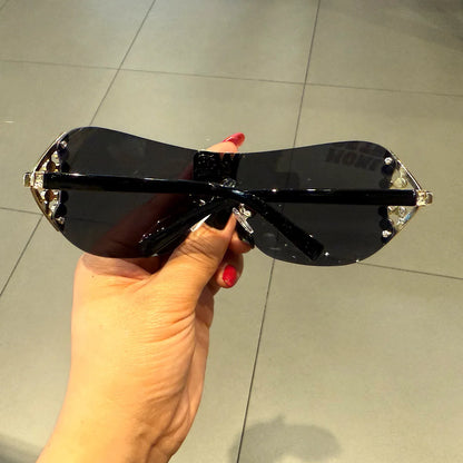 Lunettes de soleil de luxe y2k sans monture pour femmes, avec lettres en strass, de marque de styliste, pour l'extérieur, UV400