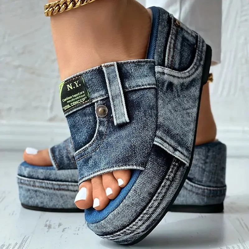 Plate-forme femmes pantoufles nouvel été élégant Denim sandales confortable sans lacet chaussures plage marche pantoufles diapositives décontractées femmes